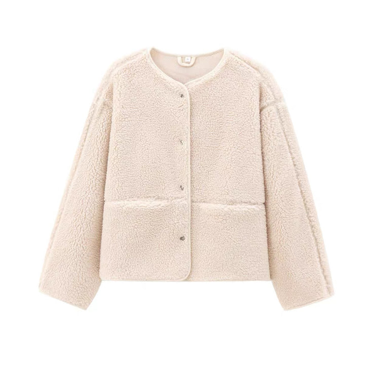 Women's Teddy Fleece Short Jacket, Round Neck