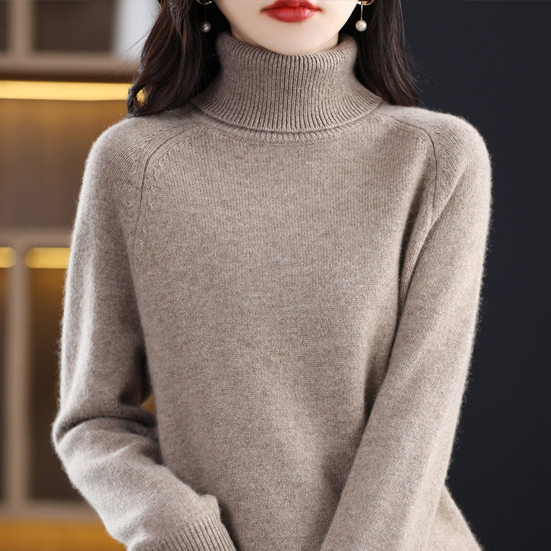 Women's knit pullover with stand-up collar, loose and long-sleeved