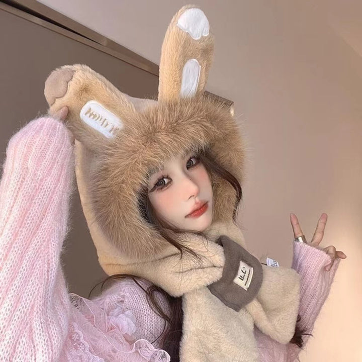 Plush hat with rabbit ears and scarf, women, winter