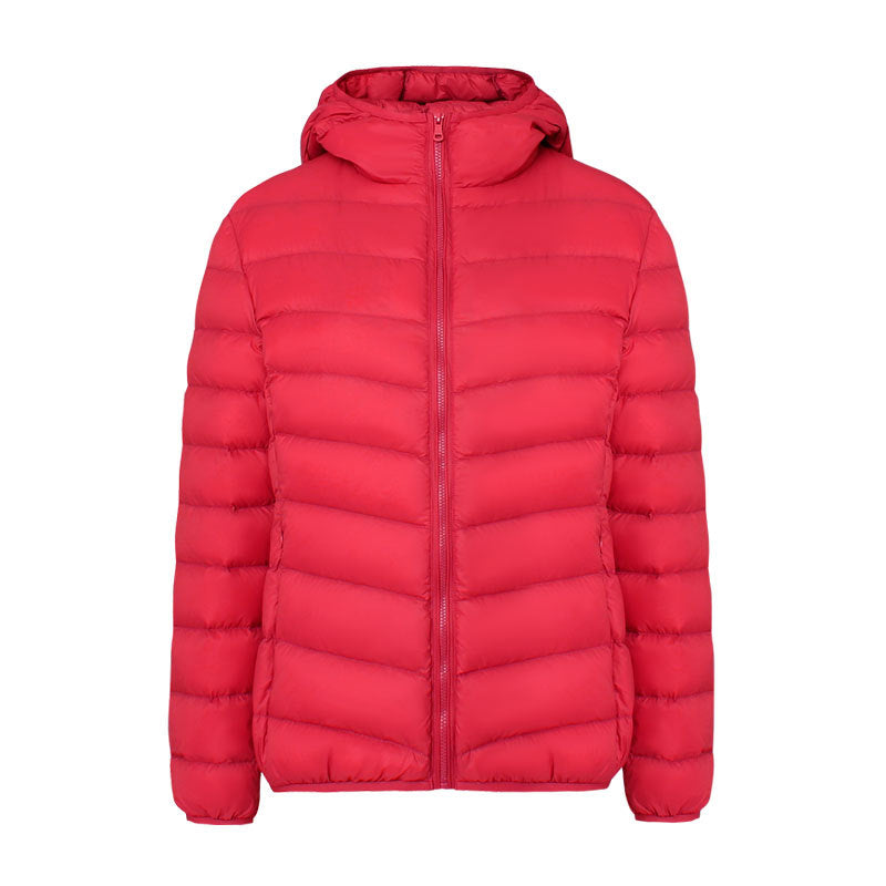 Light women's down jacket with hood, water-repellent