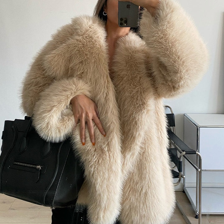 Mid-length faux fur coat with large lapels