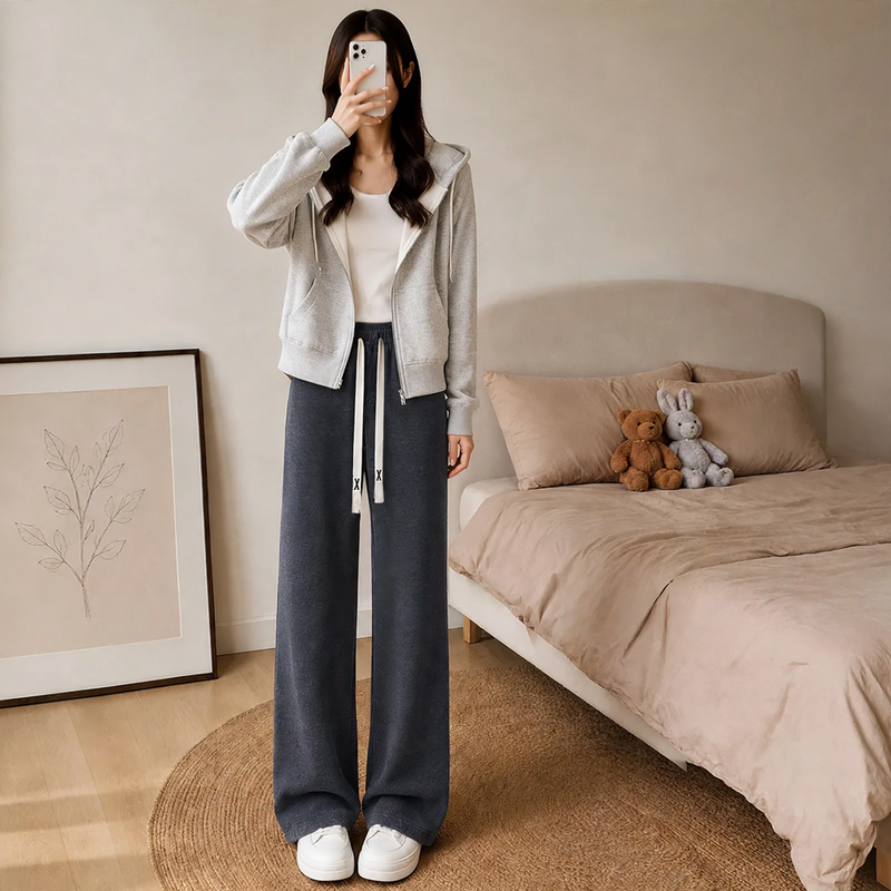 Fleece-lined corduroy knitted pants with wide legs
