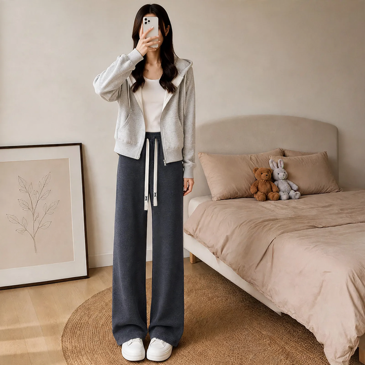 Fleece-lined corduroy knitted pants with wide legs