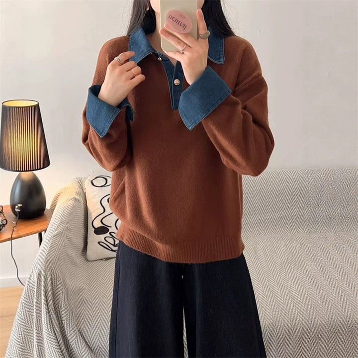Women's knit sweater with polo collar and denim sleeves