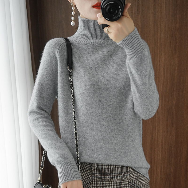 Women's knitted sweater, high collar, solid color, loose