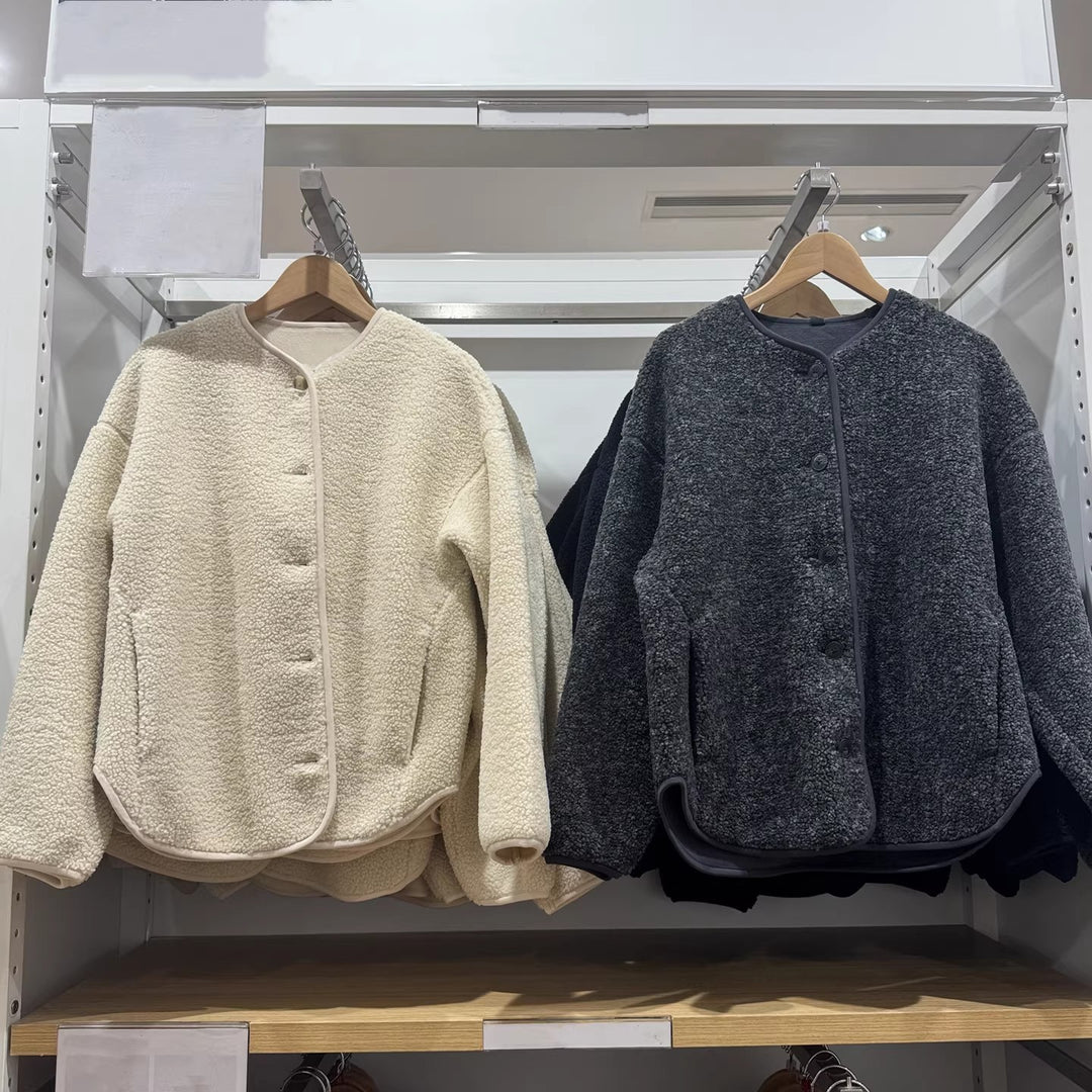 Casual fleece cardigan with lambskin look