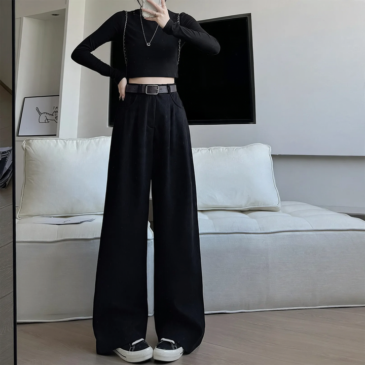 Cord Wide Trousers for Women, High Waist, Straight Fit