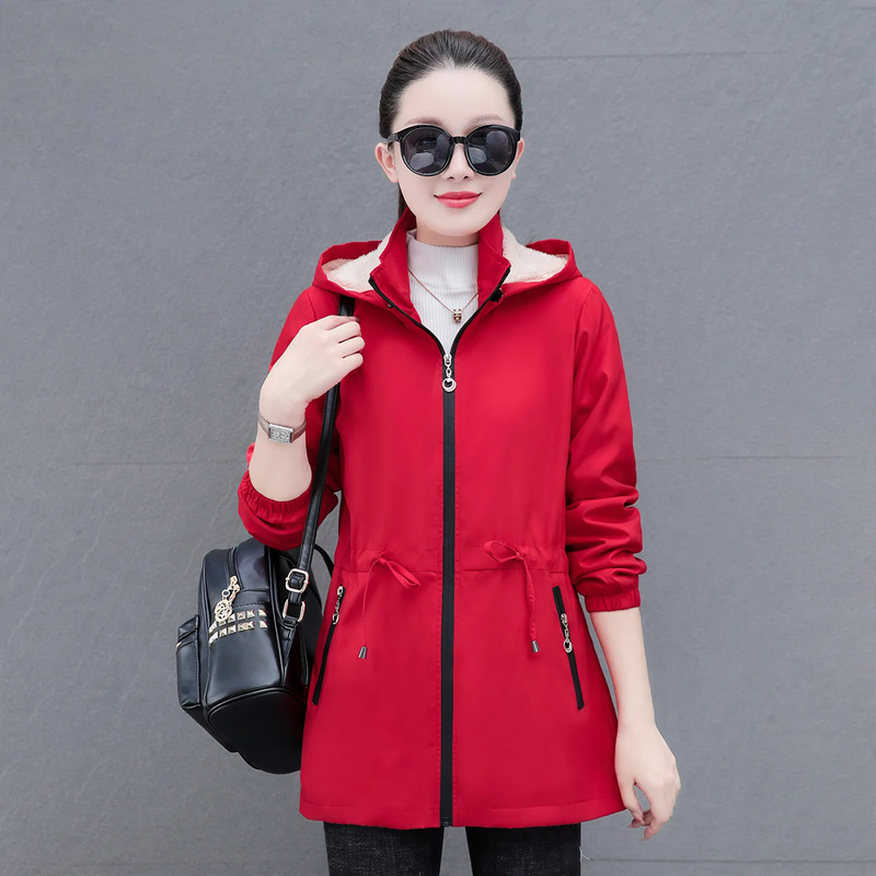 Ladies' hooded coat with lambskin lining, mid-length