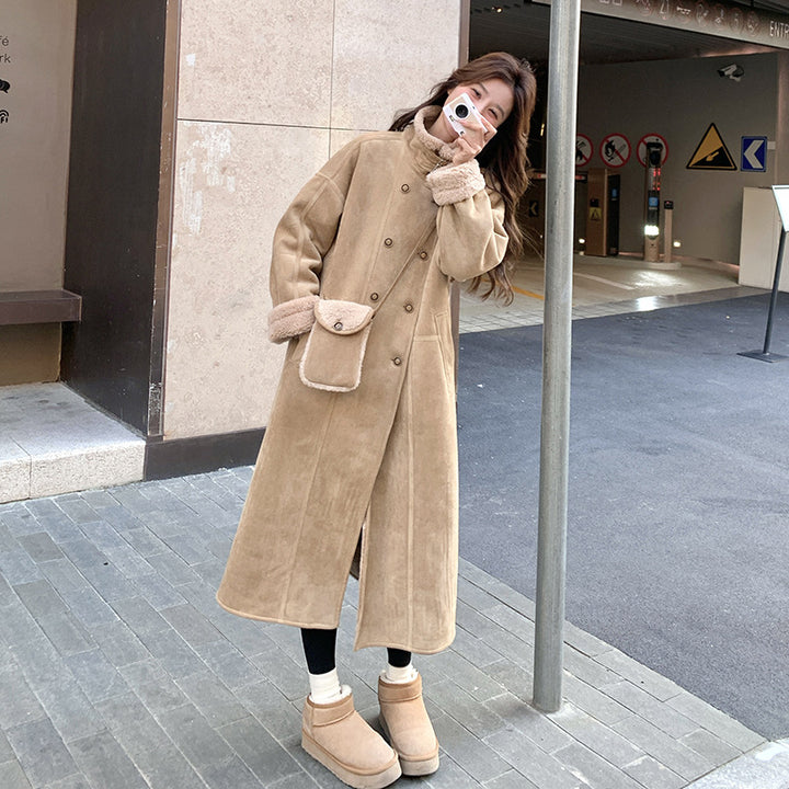 Lamb fleece coat, long, suede look