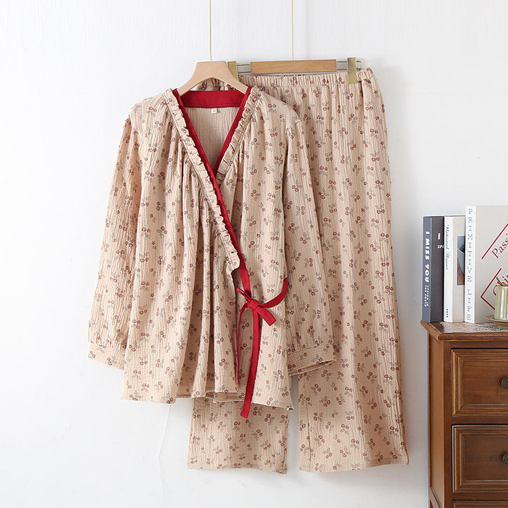 Women's Pajama Set in Kimono Style with Floral Pattern