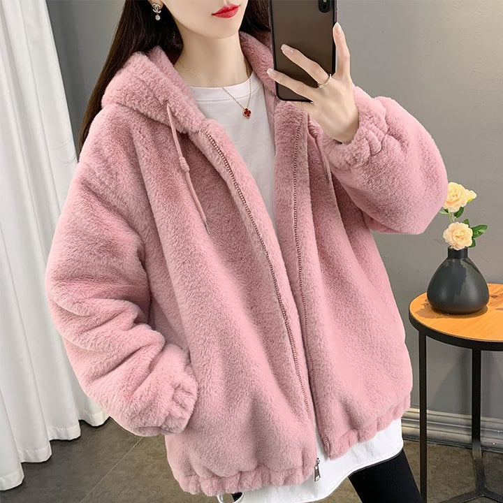 Women's lamb fleece coat with hood, mid-length