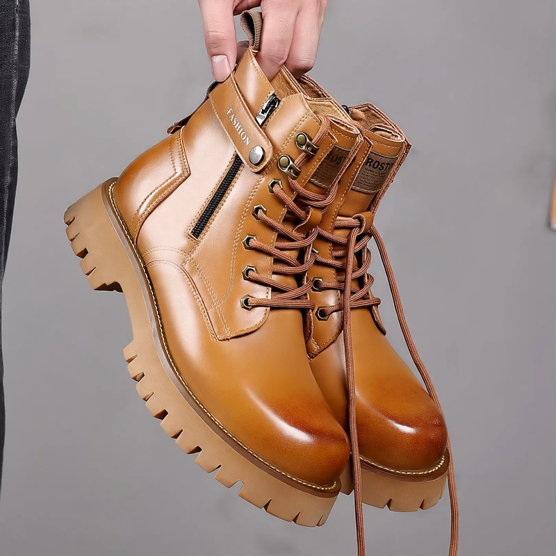Men's leather boots, lined, with platform