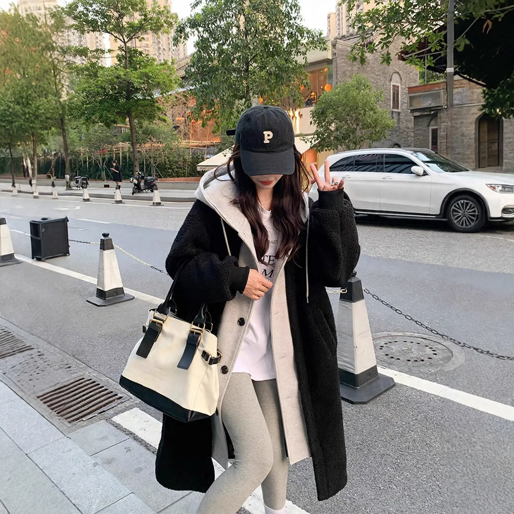 Lamb fleece imitation coat with hood, mid-length, padded