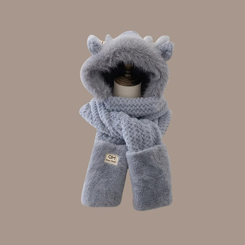 Women's Winter Set: Plush Hooded Hat with Scarf and Gloves