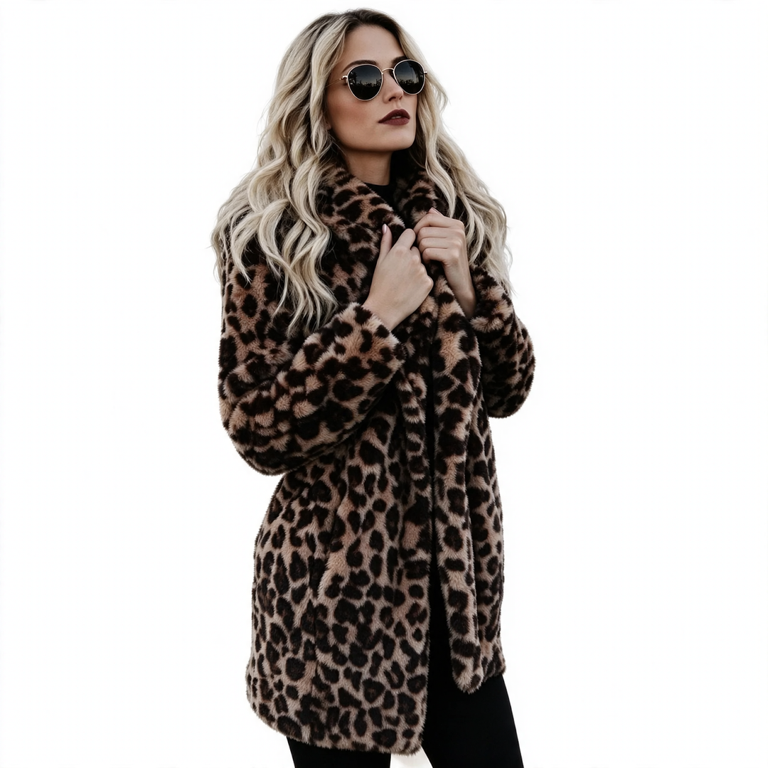 Women’s faux fur coat with leopard pattern and lapels