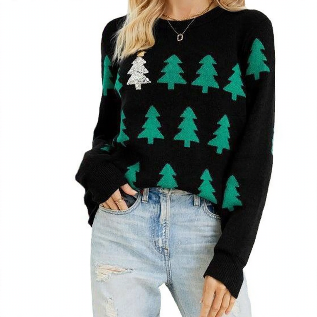 Festive knitted sweater with Christmas tree embroidery