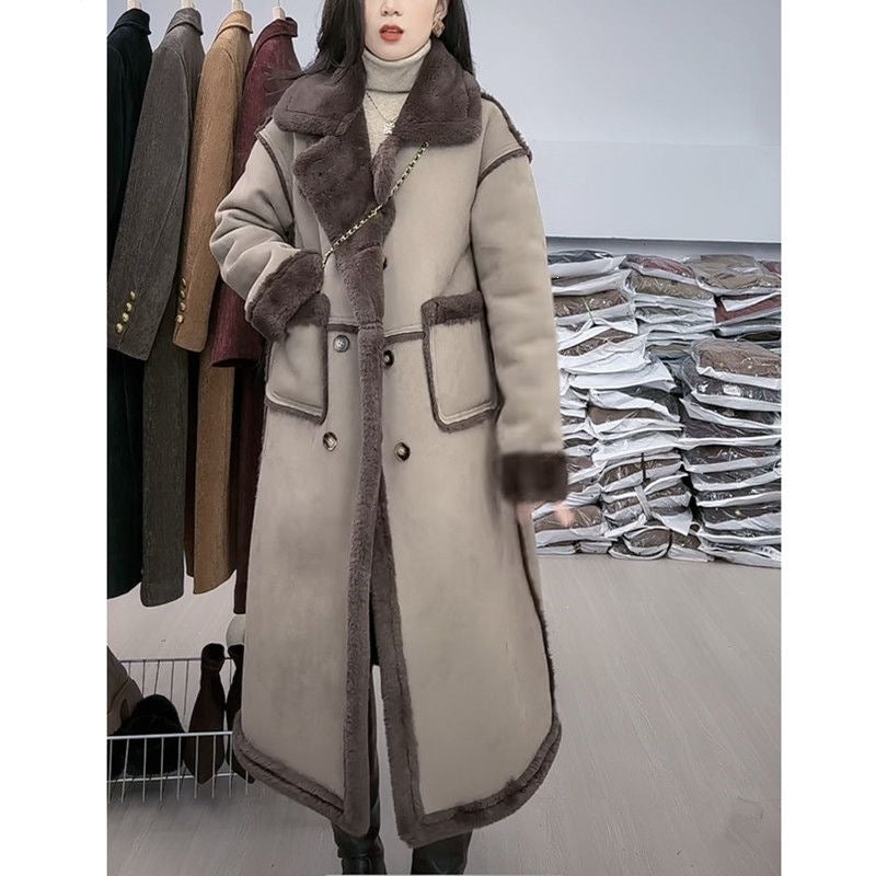 Lamb fleece coat for women, suede look, long