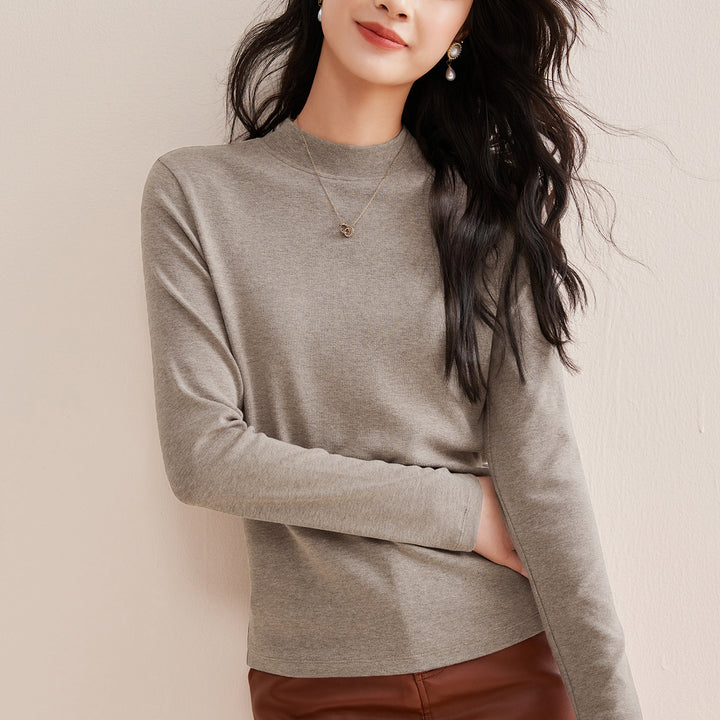 Women’s long-sleeve shirt made of wool blend with stand-up collar