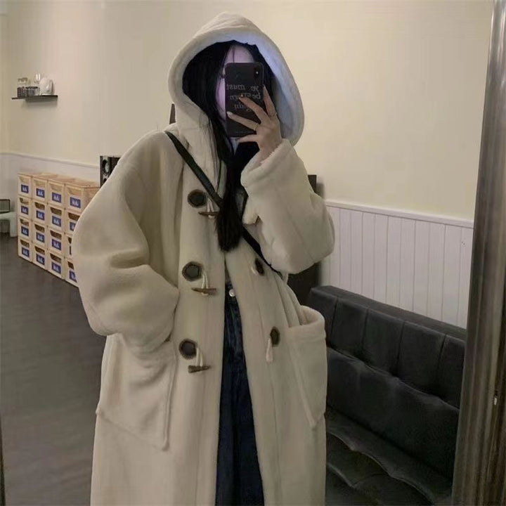 Women’s Lambskin Imitation Coat with Toggle Buttons and Hood