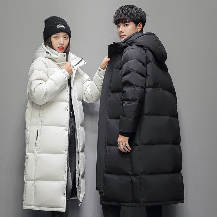 Long, padded men's down jacket with hood