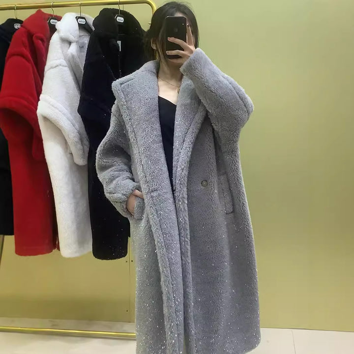 Teddy Coat with Gloss Effect, Mid-Length, Women's