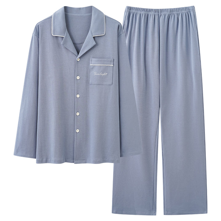 Cotton pajama set with shawl collar, long-sleeved