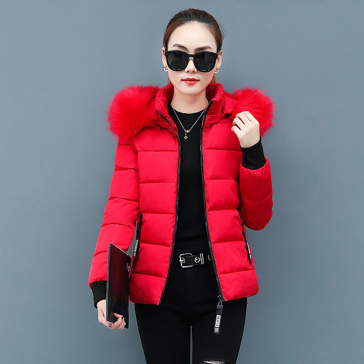 Women’s winter jacket, short, fitted, with fur collar