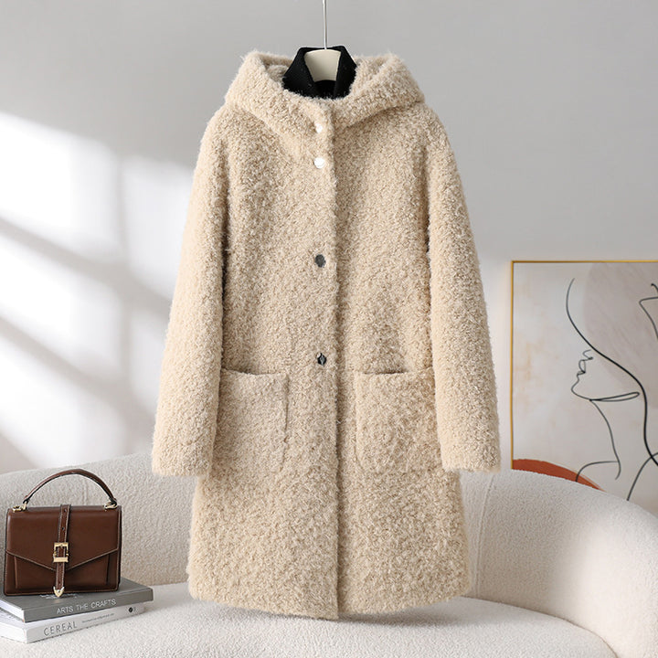 Women’s sheepskin coat with hood, mid-length
