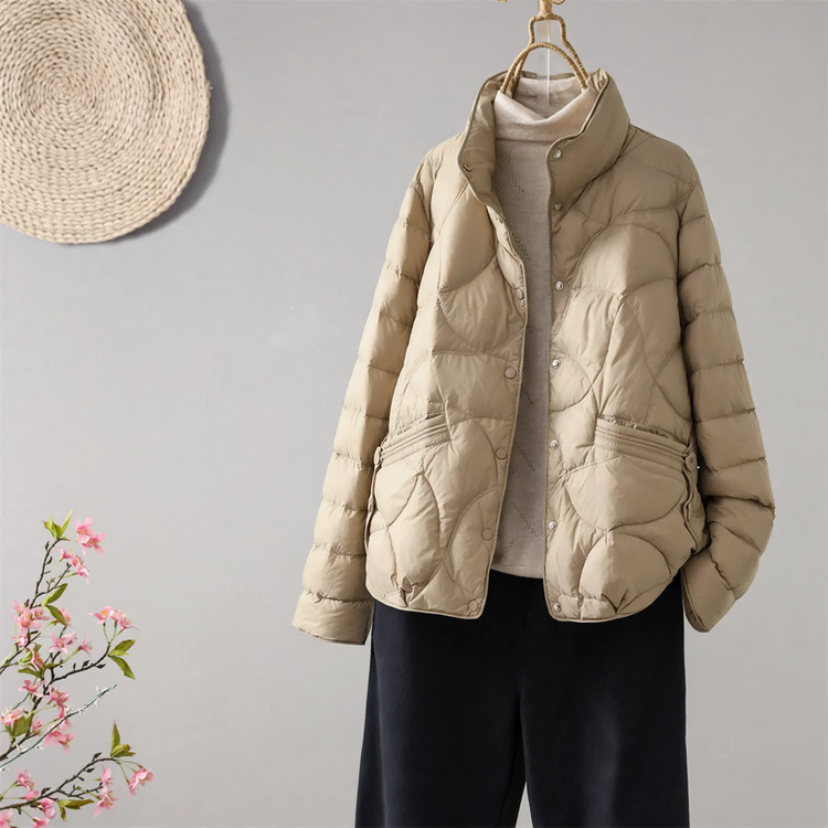 Lightweight short down jacket for women with stand-up collar
