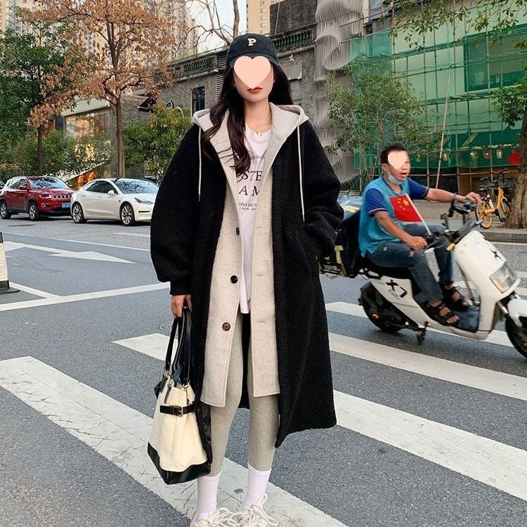 Long lamb fleece coat with hood and tie belt