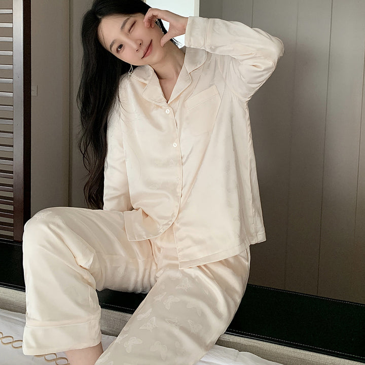 Luxurious women's lounge suit, satin jacquard, lined