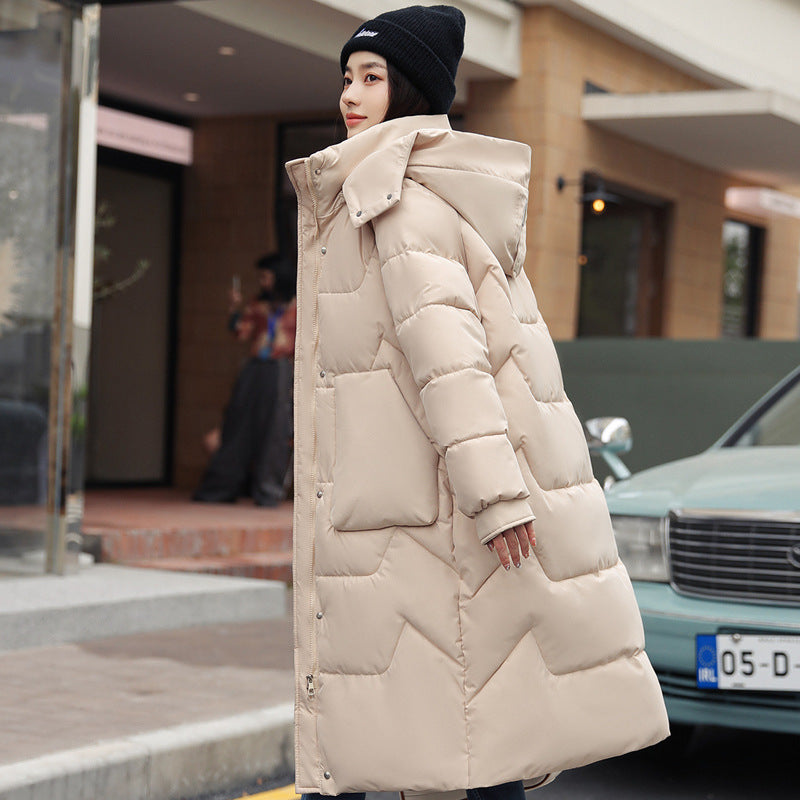 Long women's coat, knee-length, detachable hood