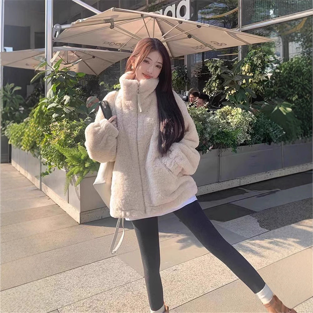 Casual lambskin imitation jacket with stand-up collar