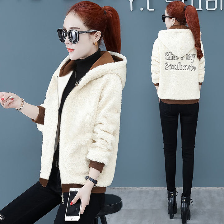 Lamb fleece coat, hood, padded