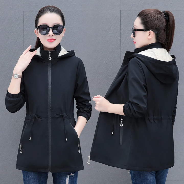 Ladies' hooded coat with lambskin lining, mid-length