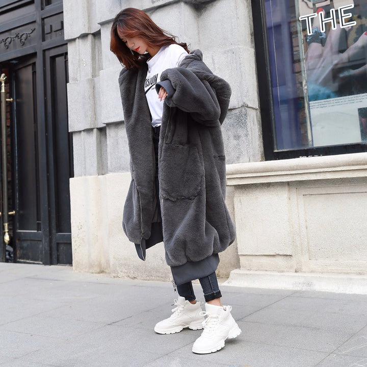 Long women's faux fur coat with hood
