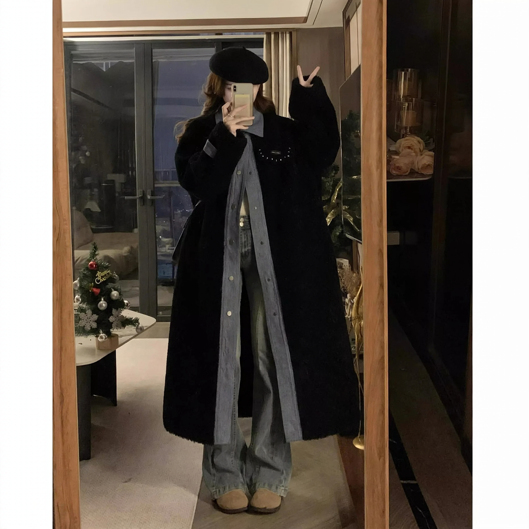 Women's coat in lambskin look, mid-length, lined