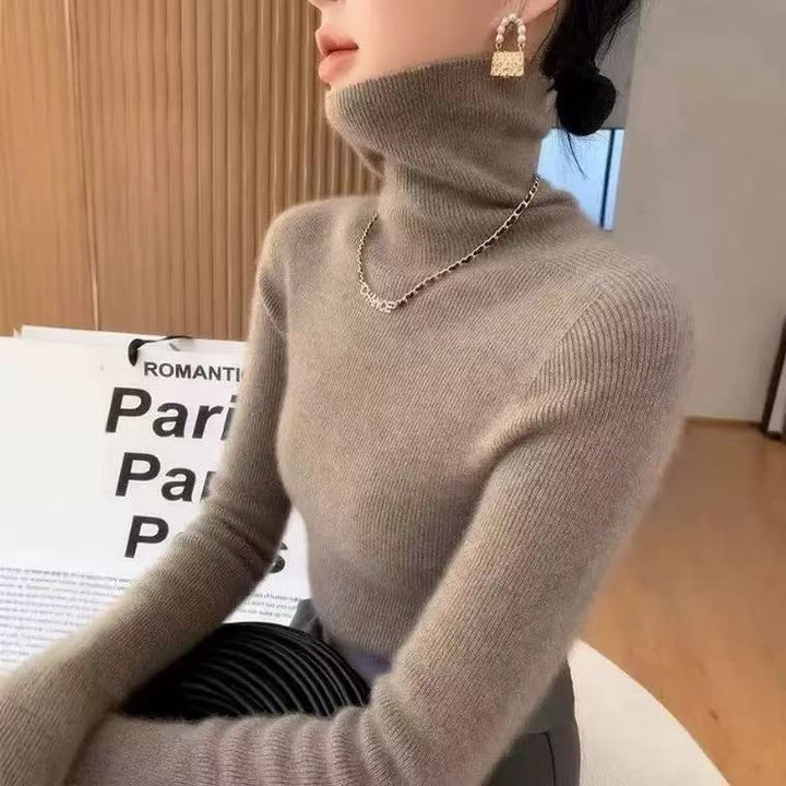 Women's Wool Knit Sweater, Stand-Up Collar, Slim Fit