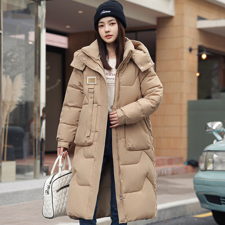 Long women's coat, knee-length, detachable hood