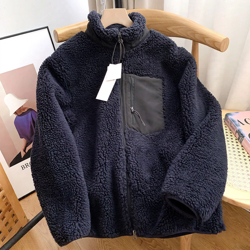 Relaxed fit fleece jacket with stand-up collar and pockets
