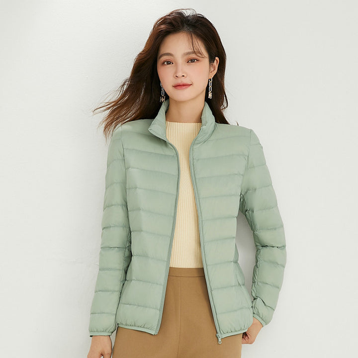 Light women's down jacket with stand-up collar