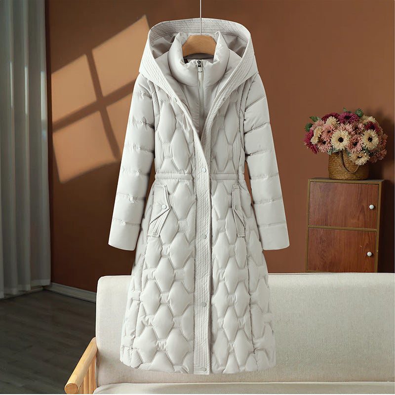 Long women's winter coat with waistline and removable parts