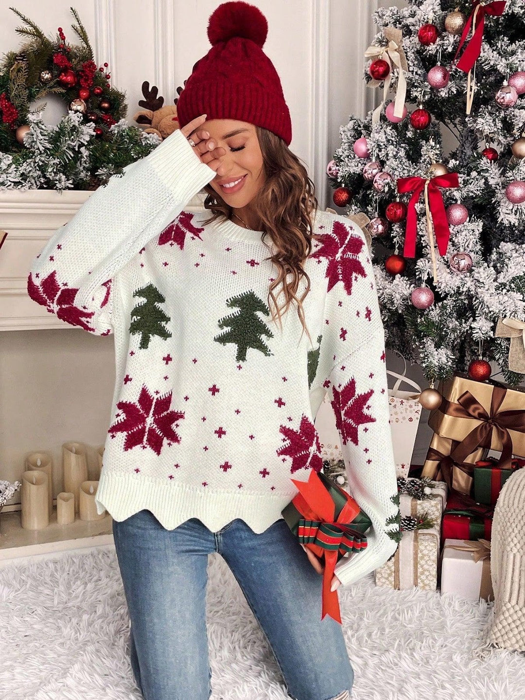 Unisex knit sweater with Christmas floral pattern