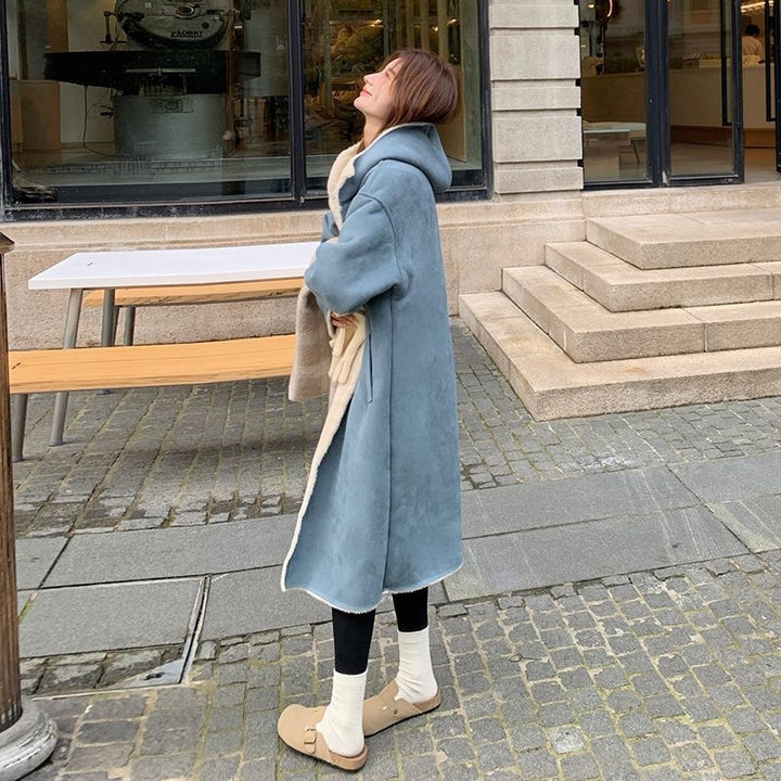 Lamb fleece coat, suede look, padded