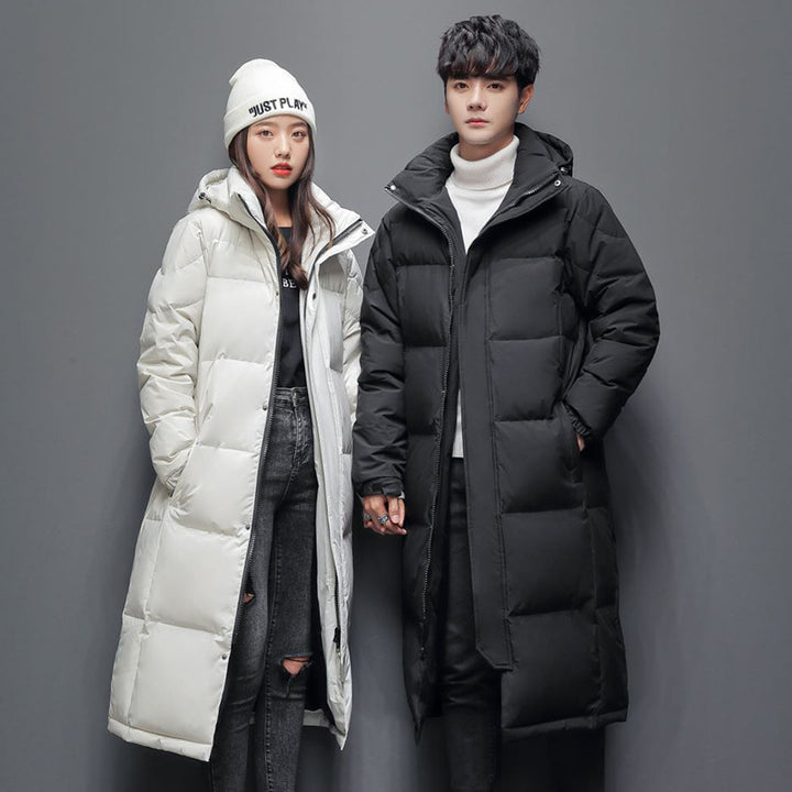 Long women's down coat, knee-length, padded, for winter