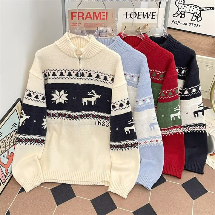 Knitted sweater with half zipper