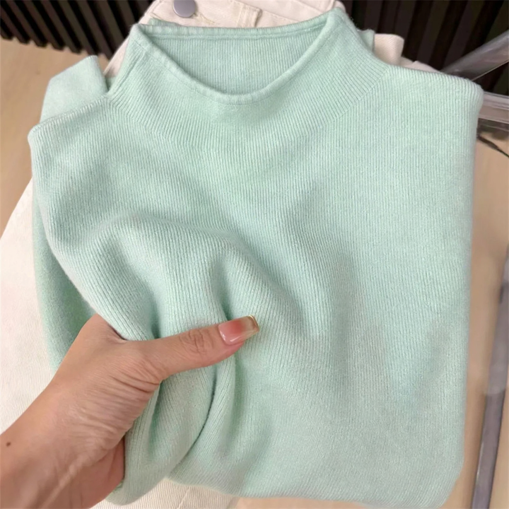 Women's knitted pullover with stand-up collar, ribbed