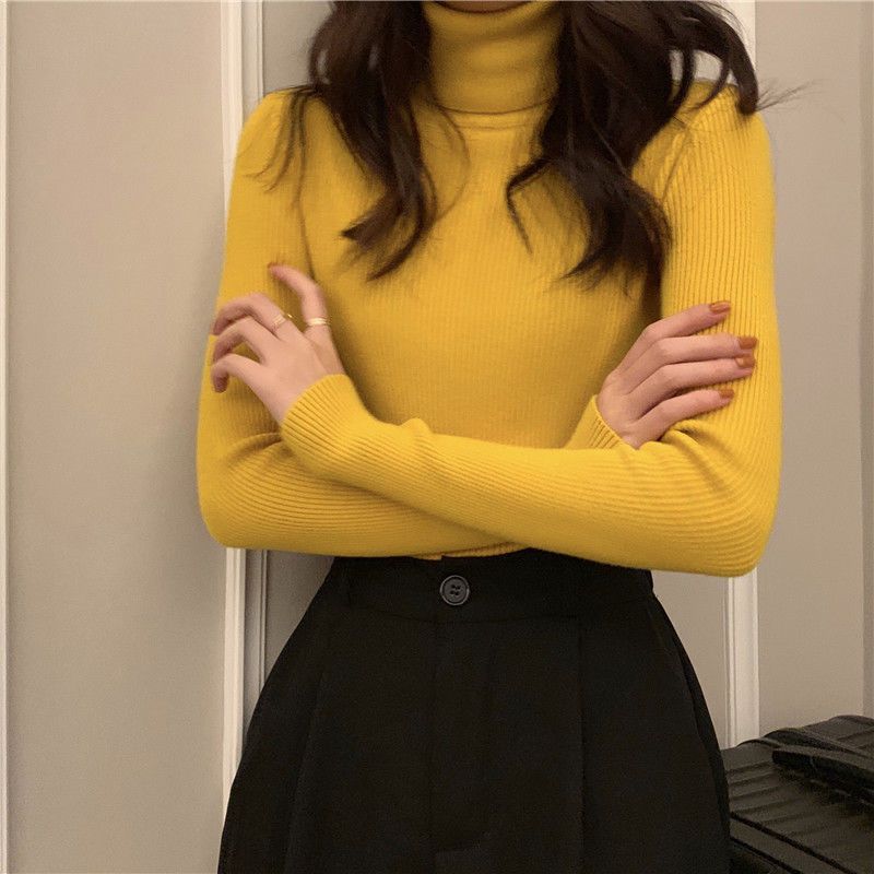 Women's knitted pullover with roll neck, fitted