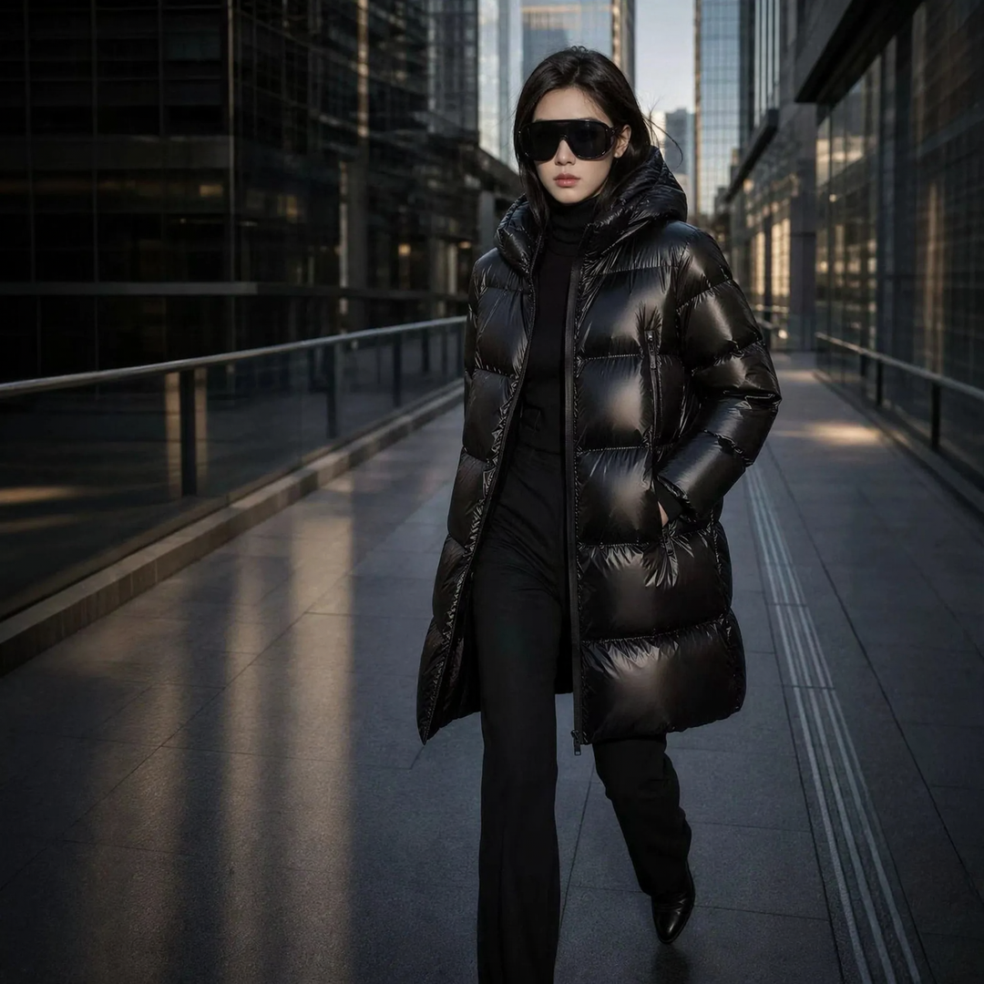 Mid-length down jacket for women, lined with white duck down