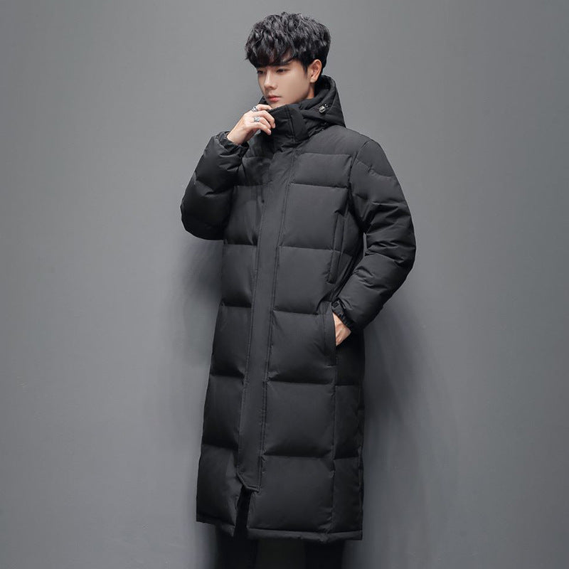 Long women's down coat, knee-length, padded, for winter